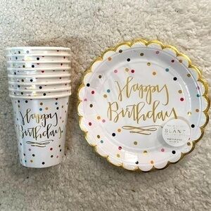 Slant Foil "Birthday Confetti" Disposable Paper Dessert Plates w/Matching Cups